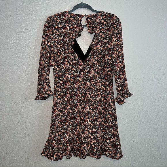 Top Shop Womens Floral V-Neck Long Sleeve Ruffle Mini A-Line Dress Black Size 8 - Picture 2 of 11